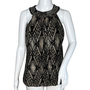 Alfani Shirt Womens Medium Black Tan Geo Print Sleeveless Beaded‎ Neckline Party